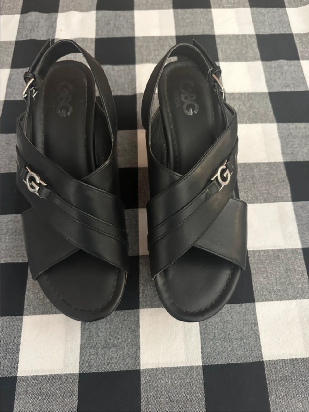 G by Guess Black Crisscross Slingback Sandals with Silver Logo